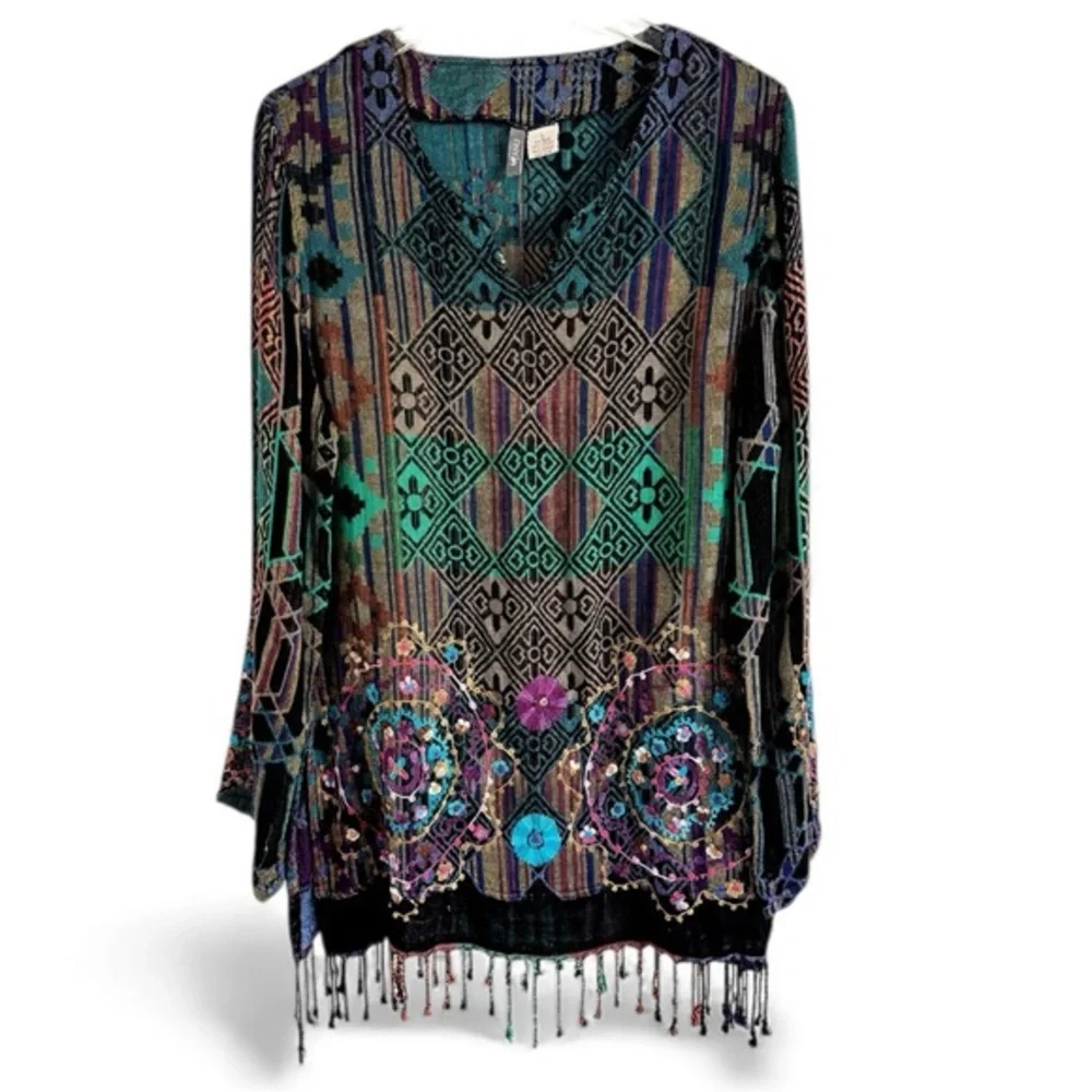 ANU BY NATURAL INDIA FRINGE EMBROIDERED LONG SLEEVED TUNIC TOP SZ L - Picture 2 of 7